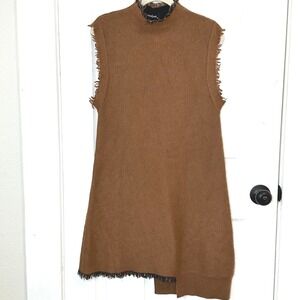 Brown Frayed Edge Sleeveless Knit Midi Sweater Dress Minimalist Boho Size M